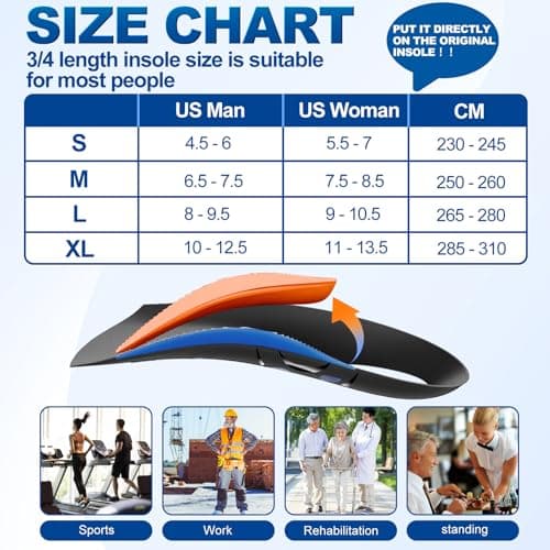 Removable High Arch Support Shoe Inserts for Plantar Fasciitis Relief - Men's/Women's L(Men8-9.5)