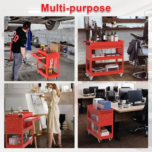 COMPACT ROLLING TOOL CART WITH LOCKABLE DRAWER AND UNIVERSAL WHEELS (RED)