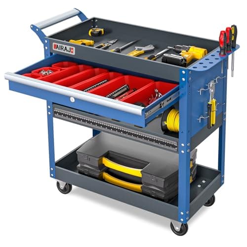 Heavy Duty 440 lb 3 Tier Tool Cart with Drawers & Hooks, Blue for Garage Workshop