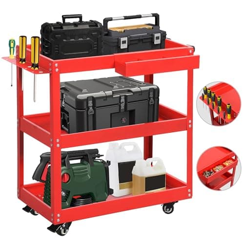 YITAHOME Heavy Duty 3-Tier Tool Cart, Rolling Metal Storage with Screwdriver Board 400lbs Red