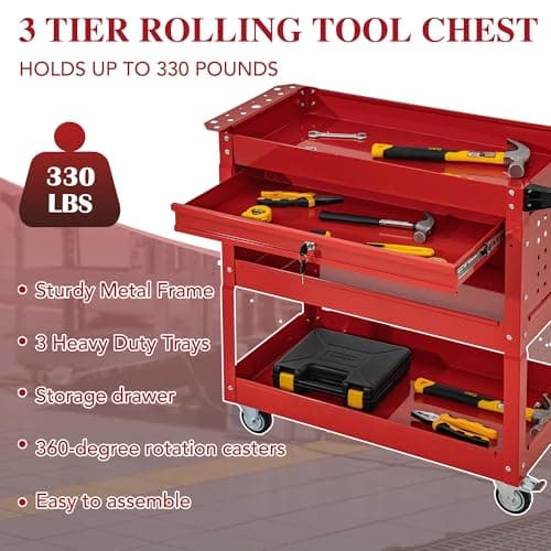 Industrial 3-Tier Rolling Tool Cart with Drawers, Lockable Wheels, Red (Universal Chest)