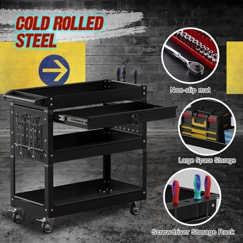 3-Tier Metal Tool Cart, 330 lb Capacity, Black (With Drawer & Lock)