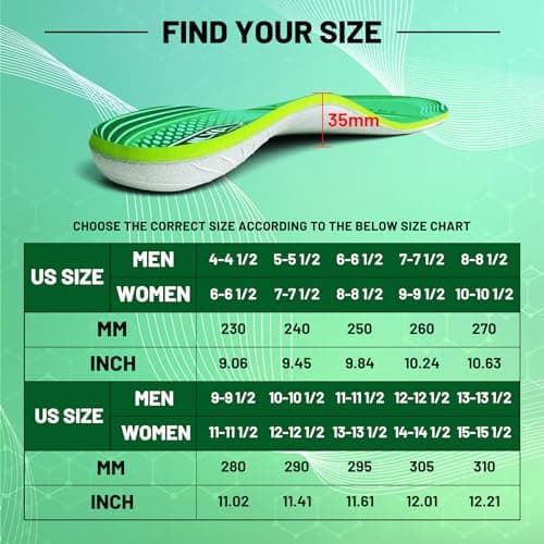 High-Arch Support Inserts for Plantar Fasciitis Relief & Metatarsal Pain, 260mm Size 7