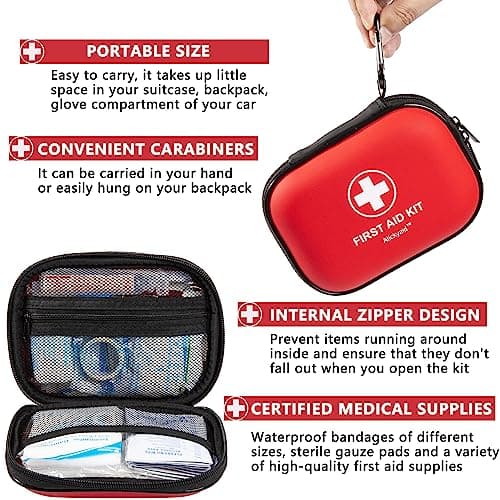 Compact First Aid Kit - 120 Piece Waterproof Medical Kit for Car, Home, Office, Travel, Camping, Sports, Outdoor, School - Emergency Supplies (Red)