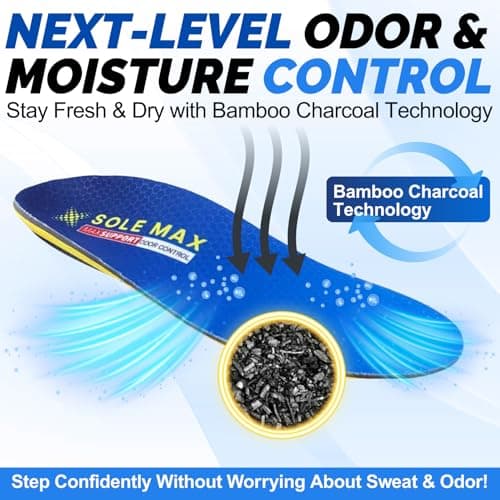 Bamboo Charcoal Orthotic Insoles for Plantar Fasciitis, Heavy Duty Arch Support & Odor Control