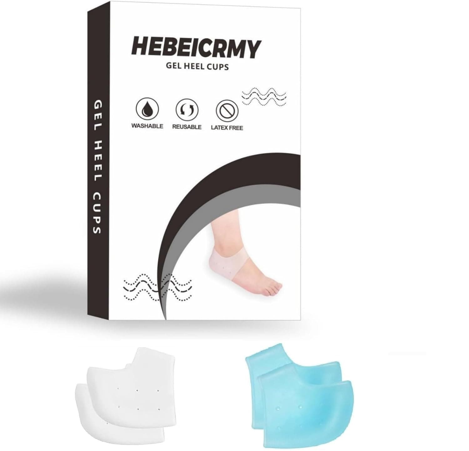 Blue and White Silicone Heel Cups for Foot Pain, Cracked Heels & Support