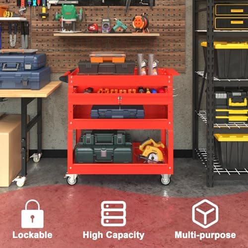 COMPACT ROLLING TOOL CART WITH LOCKABLE DRAWER AND UNIVERSAL WHEELS (RED)