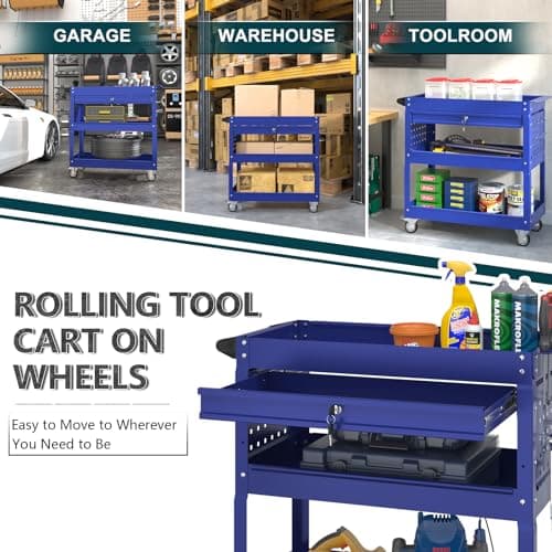 3-Tier Blue Rolling Metal Cart with Locking Drawer - 350 LBS Industrial Storage Organizer