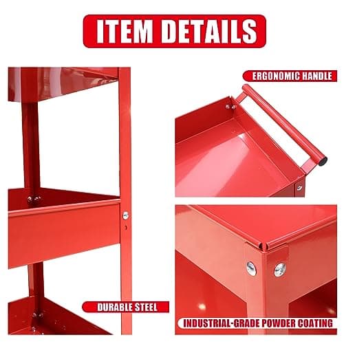 Torin APTC302B Red Steel Tool Cart with 3 Shelves, 200 lbs Capacity