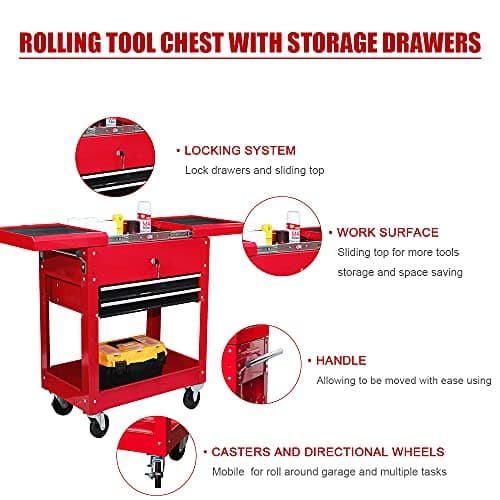 Steel Tool Cart with Lockable Drawers, 27.8" L x 32.7" H, 212 lbs Capacity