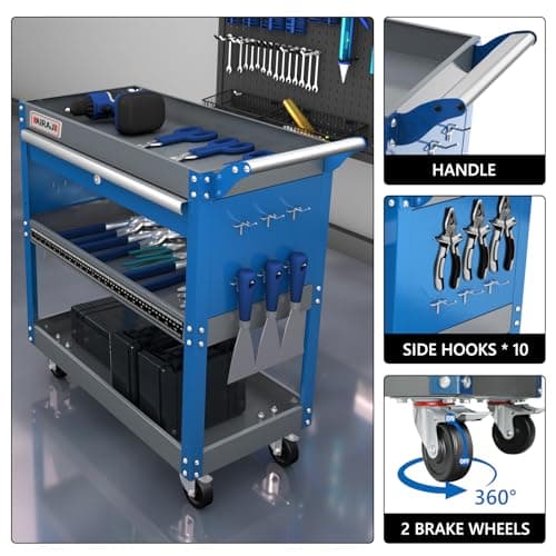 Heavy Duty 440 lb 3 Tier Tool Cart with Drawers & Hooks, Blue for Garage Workshop