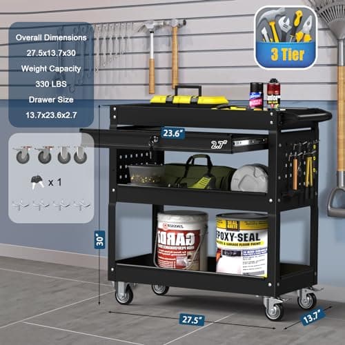 3-Tier Metal Tool Cart, 330 lb Capacity, Black (With Drawer & Lock)