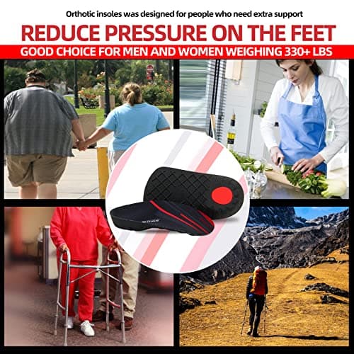 Orthotic Arch Support Insoles for Heel Pain Relief - 330+ lbs, Women & Men - Black Red