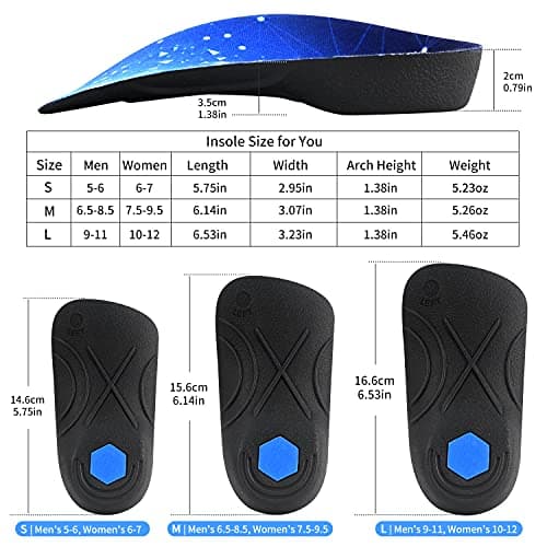 Orthotic Inserts for High Arches & Foot Pain Relief - Size S (Men 5-6 / Women 6-7)