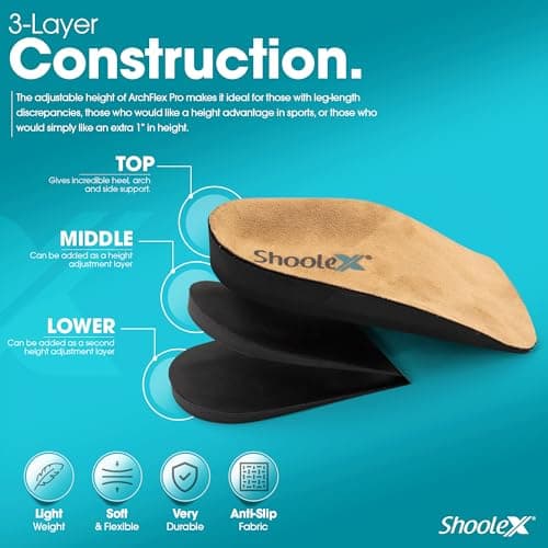ArchFlex Pro Adjustable Height Insoles - Increase Arch Support, Heel Cushion, Large