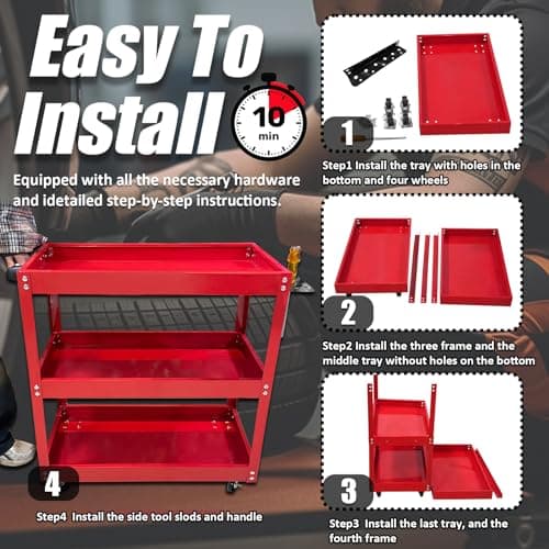 330LBS Metal 3-Tier Rolling Cart with Wheels, Heavy Duty Tool Storage Organizer