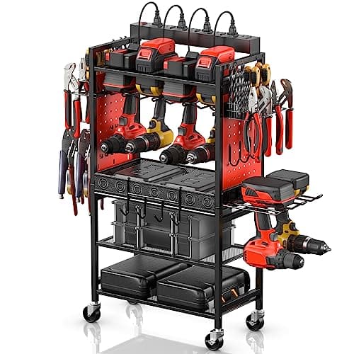 CCCEI Power Tool Organizer Cart with Charging Station, Black — Red