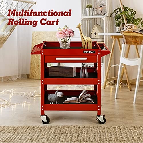 ARNOT Red 3-Tier Rolling Heavy Duty Tool Cart, 330 LBS, Garage & Warehouse