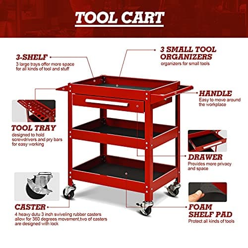 ARNOT Red 3-Tier Rolling Heavy Duty Tool Cart, 330 LBS, Garage & Warehouse