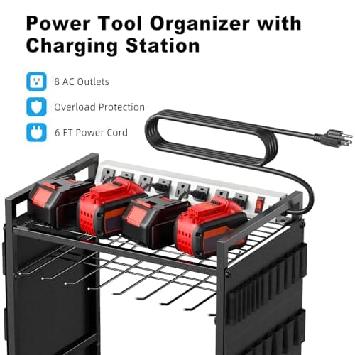 JUNNUJ Heavy Duty Tool Organizer Cart with Power_strip, Black