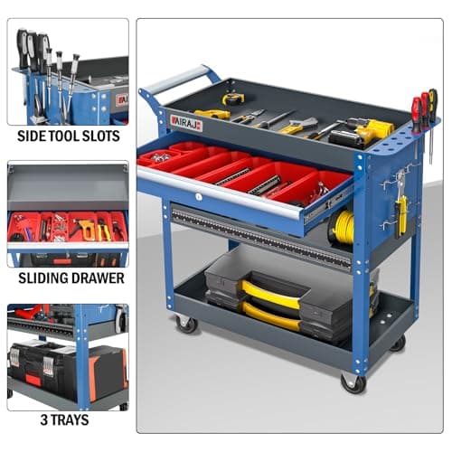 Heavy Duty 440 lb 3 Tier Tool Cart with Drawers & Hooks, Blue for Garage Workshop
