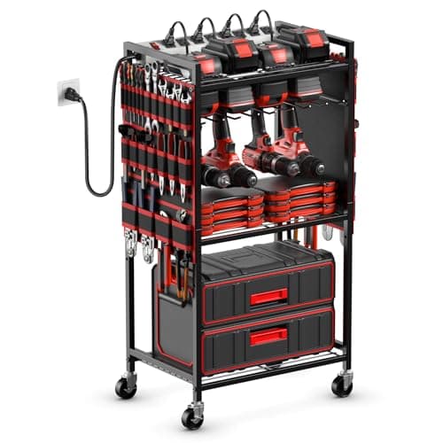 JUNNUJ Heavy Duty Tool Organizer Cart with Power_strip, Black — Red