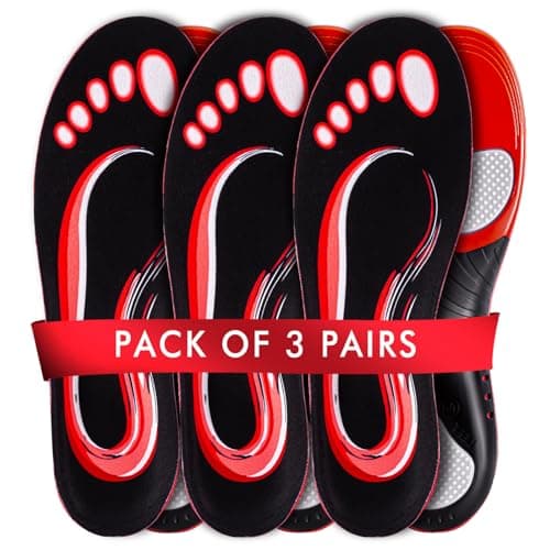 High Arch Support Insoles for Men and Women - Absorb Shock for Flat Feet (XL) 220+ lbs — 3 Pairs-red