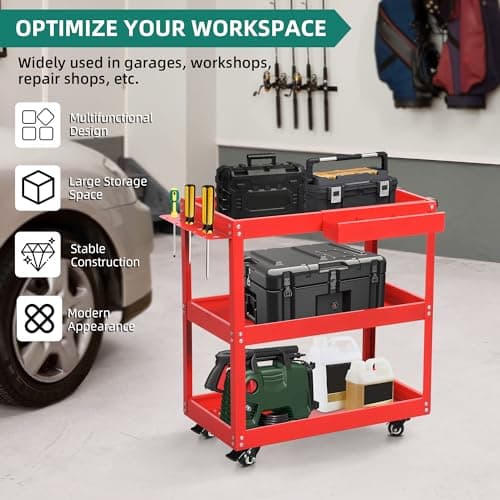 YITAHOME Heavy Duty 3-Tier Tool Cart, Rolling Metal Storage with Screwdriver Board 400lbs Red