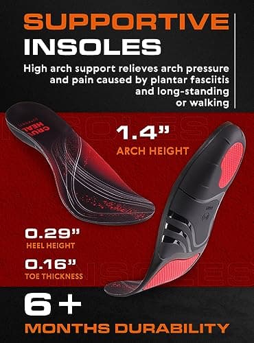 High Arch Support Insoles for Men & Women - Plantar Fasciitis Relief - Boot Work Shoes (S, Black)