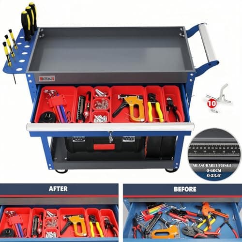 Heavy Duty 440 lb 3 Tier Tool Cart with Drawers & Hooks, Blue for Garage Workshop