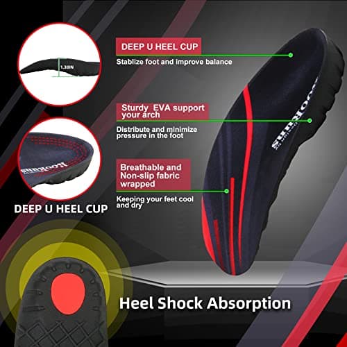 Orthotic Arch Support Insoles for Heel Pain Relief - 330+ lbs, Women & Men - Black Red