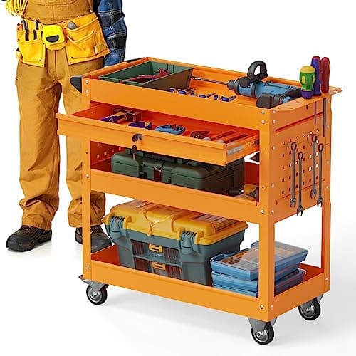COMPACT ROLLING TOOL CART WITH LOCKABLE DRAWER AND UNIVERSAL WHEELS (RED) — Orange