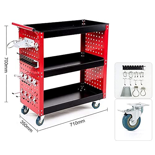 Heavy-Duty 3-Tier Rolling Tool Trolley Cart with Hooks for Mechanics and Garden Outdoors