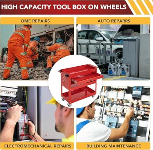 Industrial 3-Tier Rolling Tool Cart with Drawers, Lockable Wheels, Red (Universal Chest)