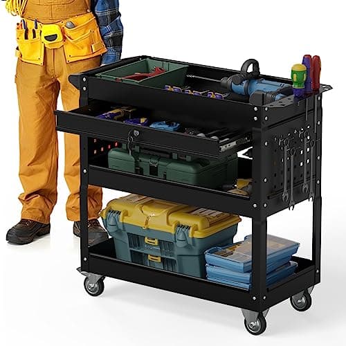 COMPACT ROLLING TOOL CART WITH LOCKABLE DRAWER AND UNIVERSAL WHEELS (RED) — Black