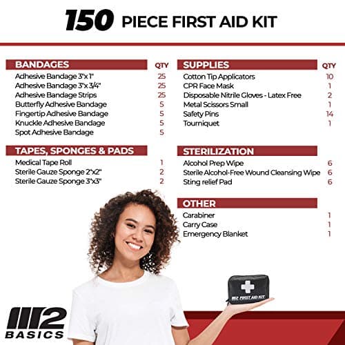 M2 Basics All-Purpose 150 Piece First Aid Kit | Car, Travel, Home, Hiking, Camping, Survival