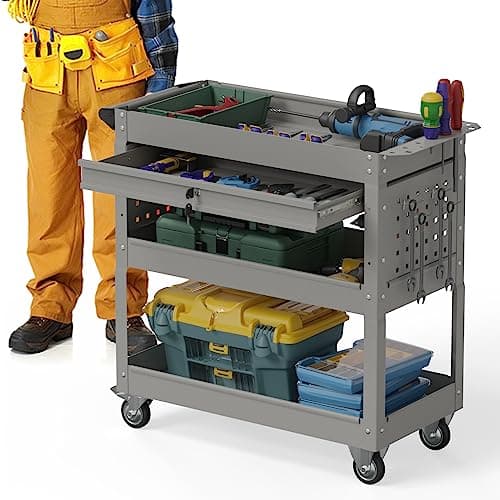 COMPACT ROLLING TOOL CART WITH LOCKABLE DRAWER AND UNIVERSAL WHEELS (RED) — Gray