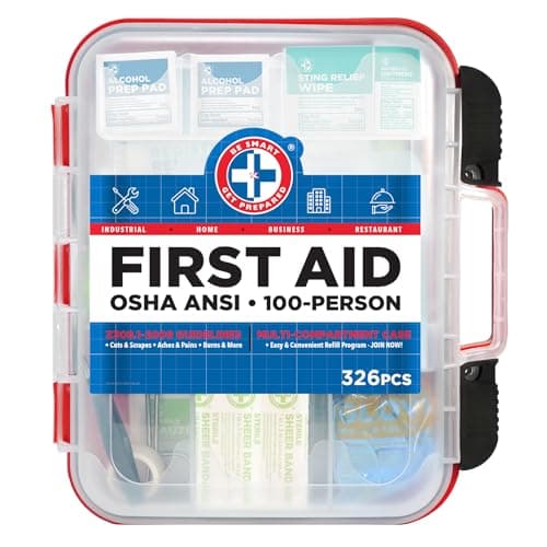 First Aid Kit for 100 People - Office, Home, Car, School, Emergency, Survival, Camping, Hunting, Sports - 326 Pieces - Hard Red Case - Exceeds OSHA and ANSI Guidelines