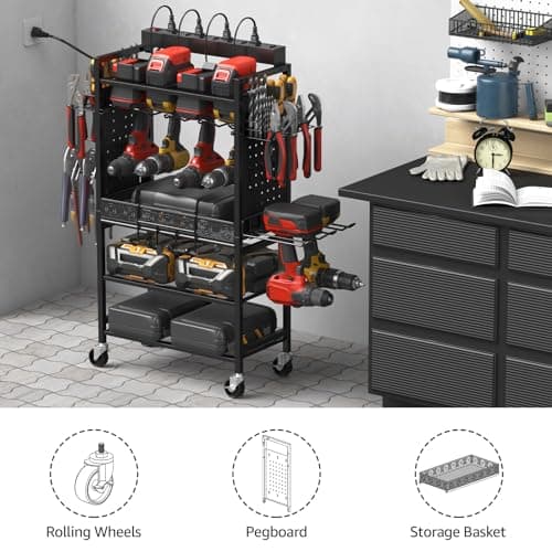 CCCEI Power Tool Organizer Cart with Charging Station, Black