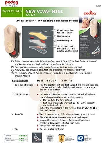 Pedag Viva Mini Arch Support Insoles | Plantar Fasciitis Relief | Handmade in Germany | Women US 8 / Men US 5 / EU 38 |