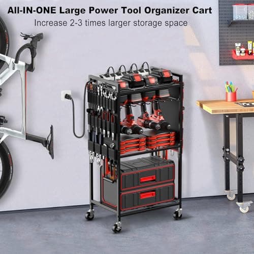 JUNNUJ Heavy Duty Tool Organizer Cart with Power_strip, Black