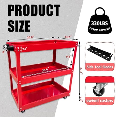 330LBS Metal 3-Tier Rolling Cart with Wheels, Heavy Duty Tool Storage Organizer