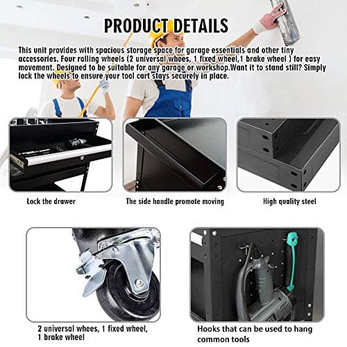 Eco-Friendly 3-Tier Rolling Tool Cart with Drawers (Black)