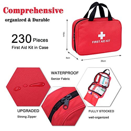 Red First Aid Kit - 230 Pieces, Fully Stocked for Emergencies | Car, Home, Travel, Camping, Office, Sports