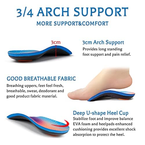 High Arch Support Insoles for Plantar Fasciitis, Flat Feet, Over-Pronation, Heel Pain, Men and Women