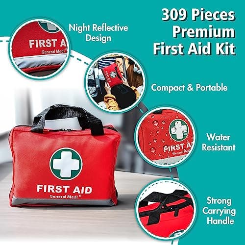 General Medi First Aid Kit - 309 Pieces, Reflective Bag, Bandages, Moleskin, Emergency Blanket