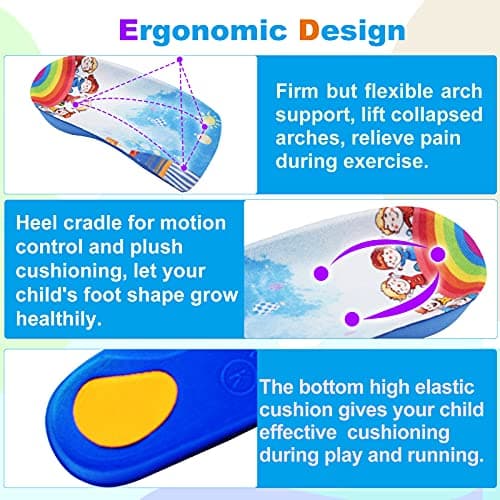 Orthotic Insoles for Kids Shoes, Size SK - Heel Pain, Flat Feet, Plantar Fasciitis, Pronation