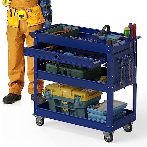 COMPACT ROLLING TOOL CART WITH LOCKABLE DRAWER AND UNIVERSAL WHEELS (RED) — Deep Blue