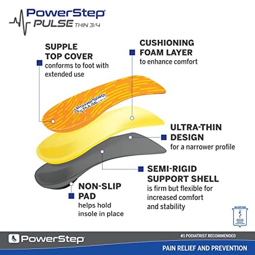 PowerStep Pulse 3/4 Orthotics - Arch Support & Pain Relief for Running Shoes - Made in USA