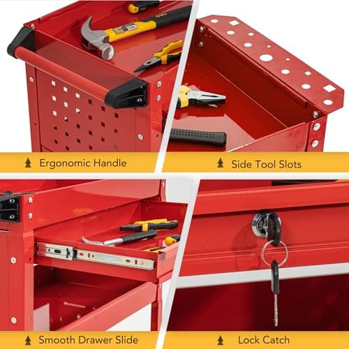 Industrial 3-Tier Rolling Tool Cart with Drawers, Lockable Wheels, Red (Universal Chest)